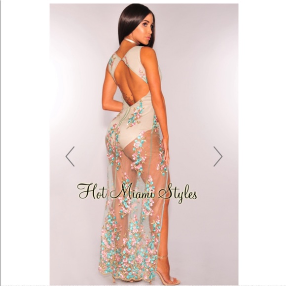 Nude Embroidered Floral Sheer Mesh Maxi Dress - Picture 2 of 4